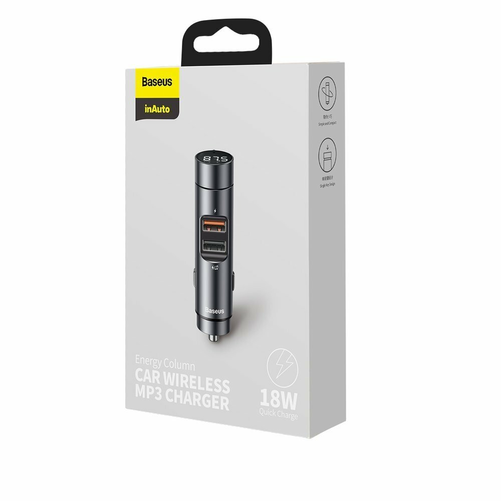 Baseus FM Modulator BT V5.0 with Car Charger Energy Column 1*USB-A 3.0 QC3 + 1*USB--A 2.0, 18W, Dark Grey - Image 3