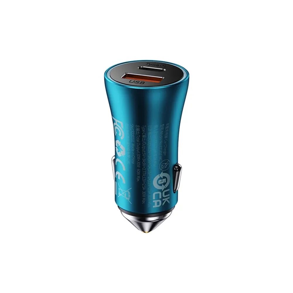 Baseus Car Charger Golden Contactor Max 1*USB-A+1*Type-C 60W, Blue - Image 2