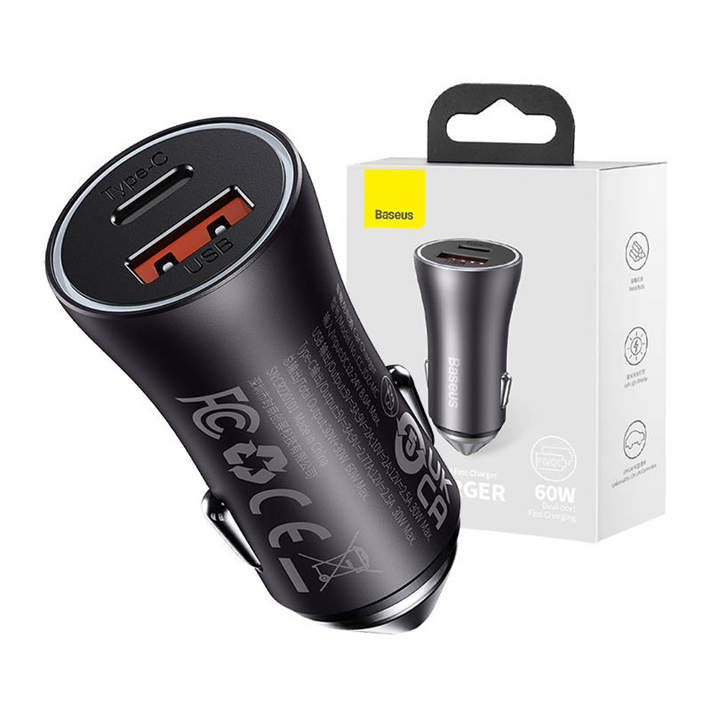 Baseus Car Charger Golden Contactor Max 1*USB-A+1*Type-C 60W, Grey - Image 3