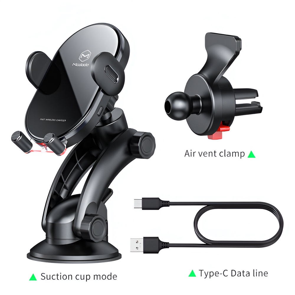 Mcdodo Wireless Charger Car Mount 15W Suction Cup Mount*1, Air Vent Clamp*1 Space Series, Black - Image 3