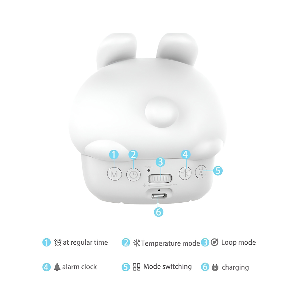 Cute Series Night Light Alarm Clock Tapping Shy Rabbit, White - Image 2