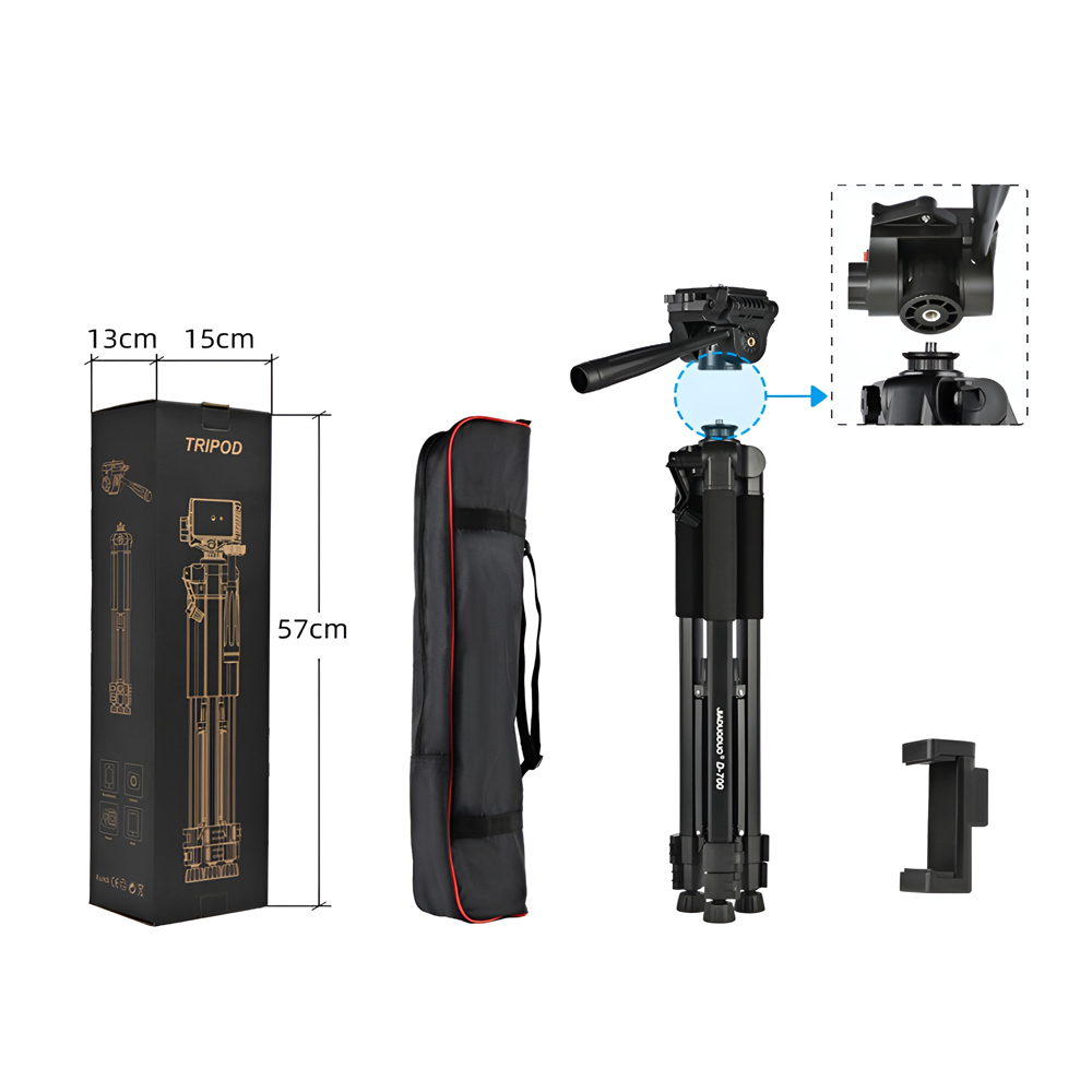 Tripod Photography Professional Aluminum 171cm (Locking Knob, Support Smooth 360°), Black D-700K - Image 2