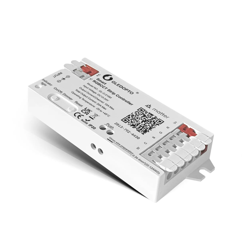 Gledopto Matter over WiFi Smart LED Controller RGB+CCT (GL-C-218M), Input DC12~24V, Output 15A/CH, max 20A in total, supports PUSH dimming. - Image 2