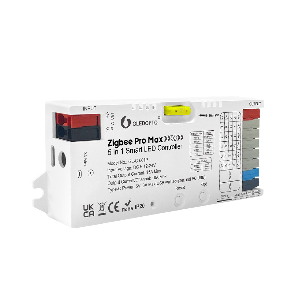 Gledopto ZigBee Pro Max 5in1 LED Controller CCT/RGB/RGBCCT/Single Color (GL-C-601P), Push Switch, DC5~24V, 10A/CH, total max 15A output - Image 2