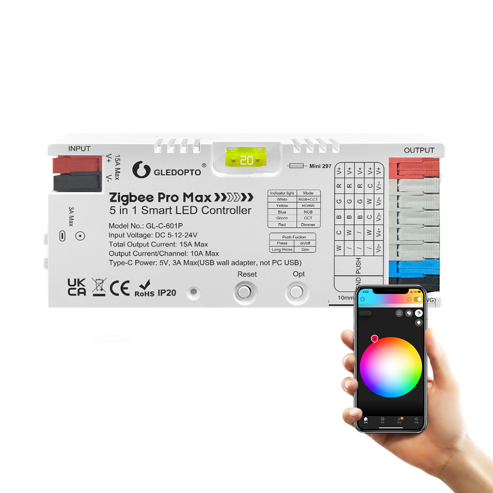 Gledopto ZigBee Pro Max 5in1 LED Controller CCT/RGB/RGBCCT/Single Color (GL-C-601P), Push Switch, DC5~24V, 10A/CH, total max 15A output - Image 3