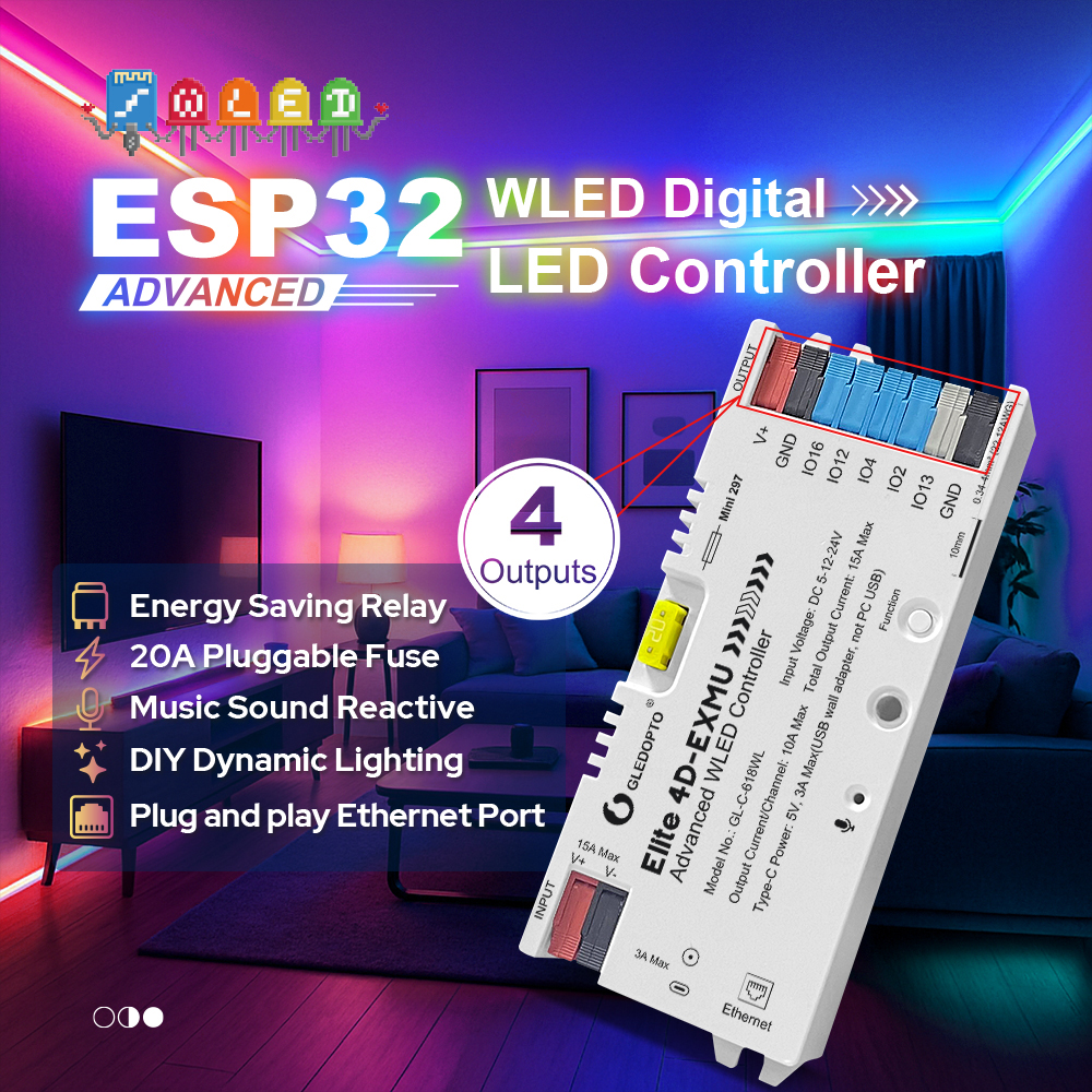 Gledopto Elite 4D-EXMU Advanced ESP32 WLED Digital LED Controller RGB/RGBW/RGBCCT with 4-output, LAN (GL-C-618WL), DC5~24V,max 15A output, max 800ICs - Image 3
