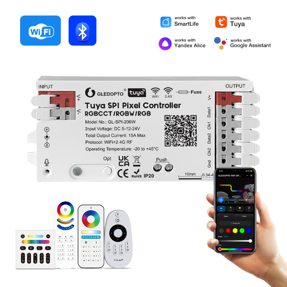 Gledopto Tuya Wi-Fi Pixel LED controller RGB/RGBW/RGBCCT (GL-SPI-206W), DC5~24V, 2*Channels, output signal SPI(TTL)×2 800Kbs, total max 15A output - Image 2