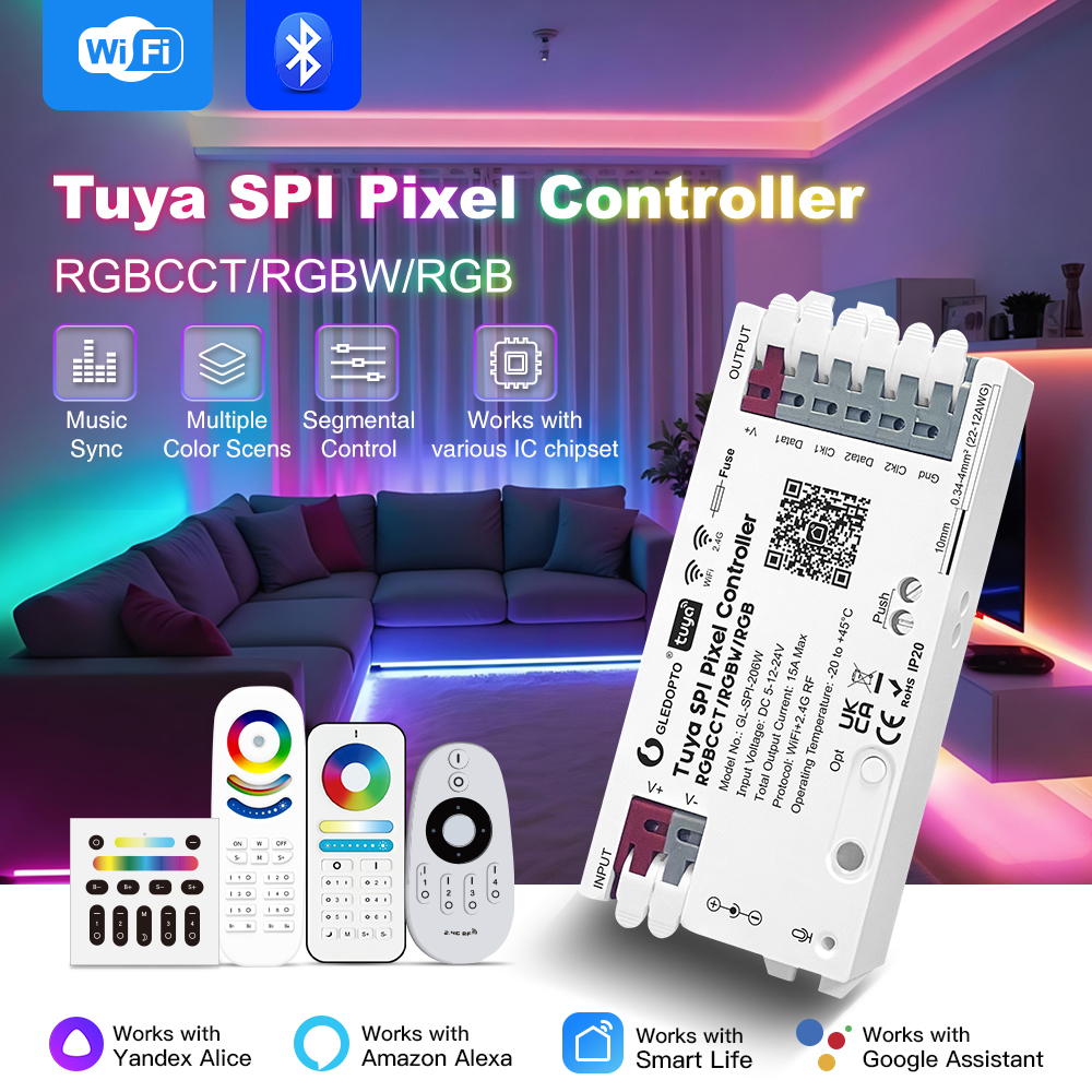 Gledopto Tuya Wi-Fi Pixel LED controller RGB/RGBW/RGBCCT (GL-SPI-206W), DC5~24V, 2*Channels, output signal SPI(TTL)×2 800Kbs, total max 15A output - Image 3