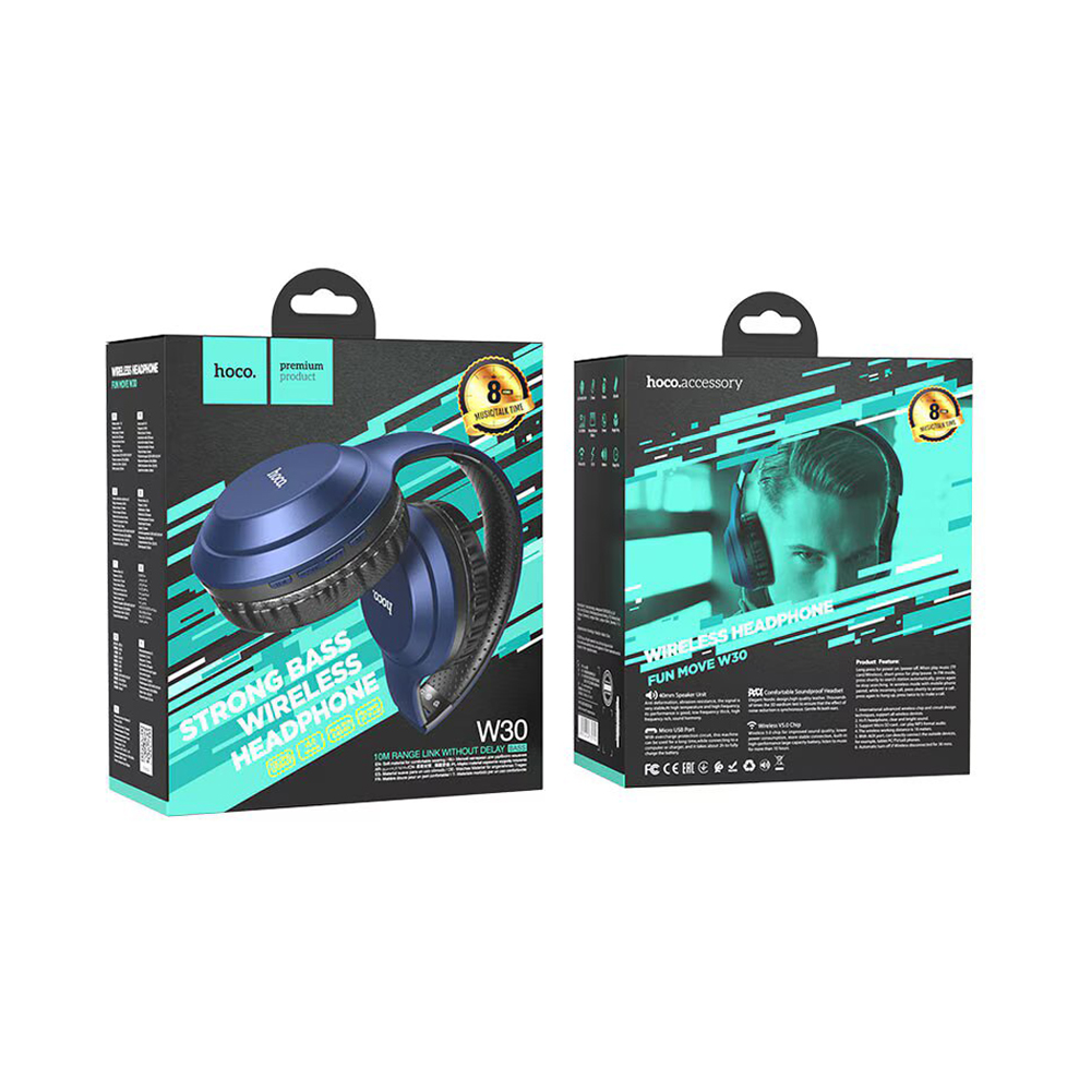 Hoco On-Ear Headphones with MIC Bluetooth W30 Fun Move, Blue - Image 3