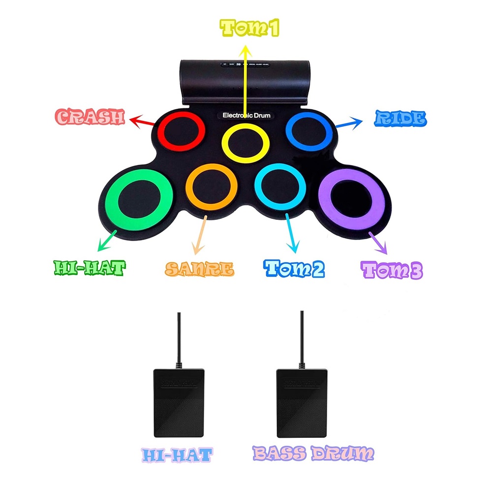 Roll Drum with Built-in Speakers, 7 pads Electronic, Rainbow Color - Image 2