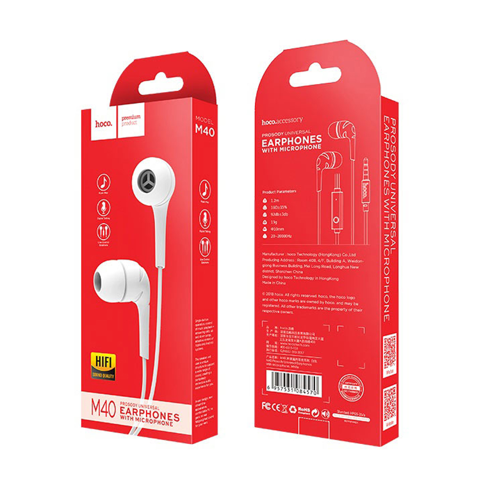 Hoco Earphones 3.5mm with Mic M40 Prosody, White - Image 3