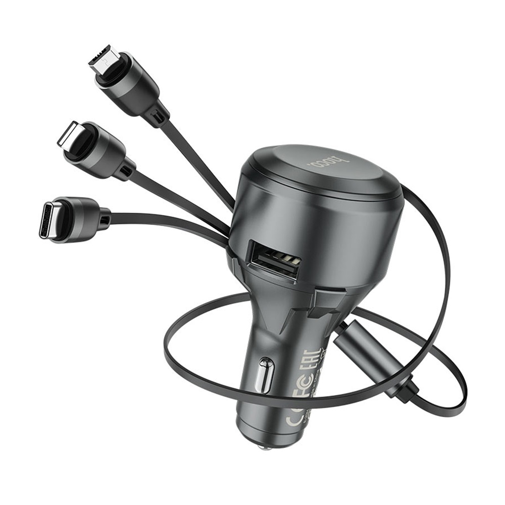 Hoco Car Charger Single-Port USB-A 4.8A with 3-in-1 Cable S27 Tributo, Black
