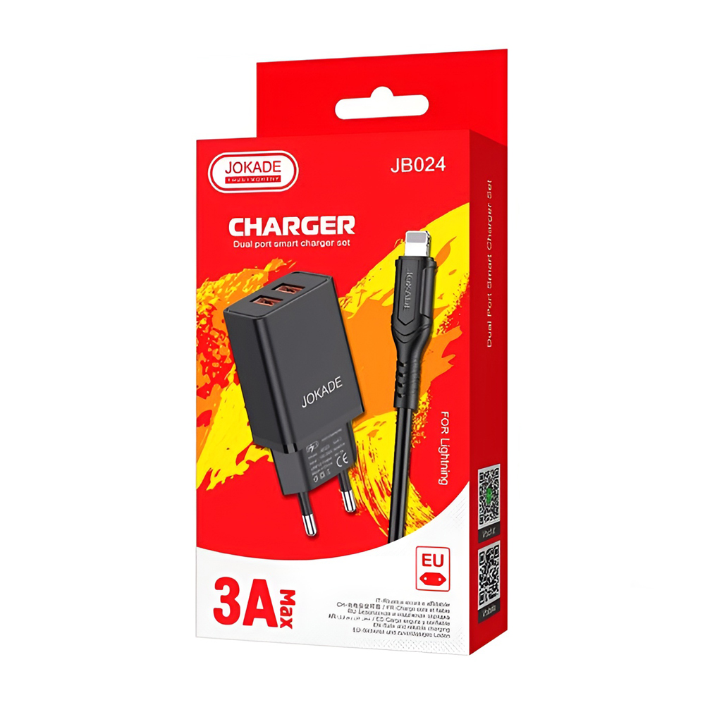 Jokade Wall Charger with Cable USB-A to Lightning Dual Port JB024 3A, Black - Image 3