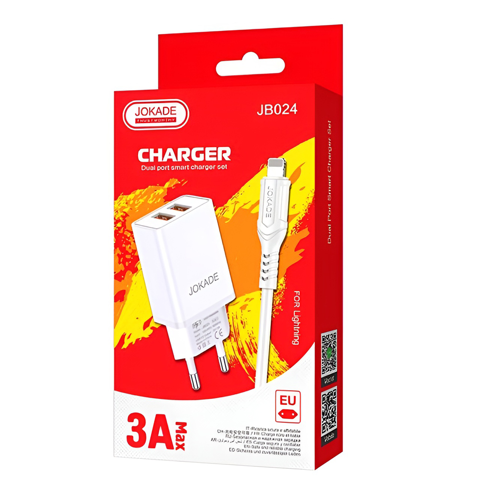 Jokade Wall Charger with Cable USB-A to Lightning Dual Port JB024 3A, White - Image 3