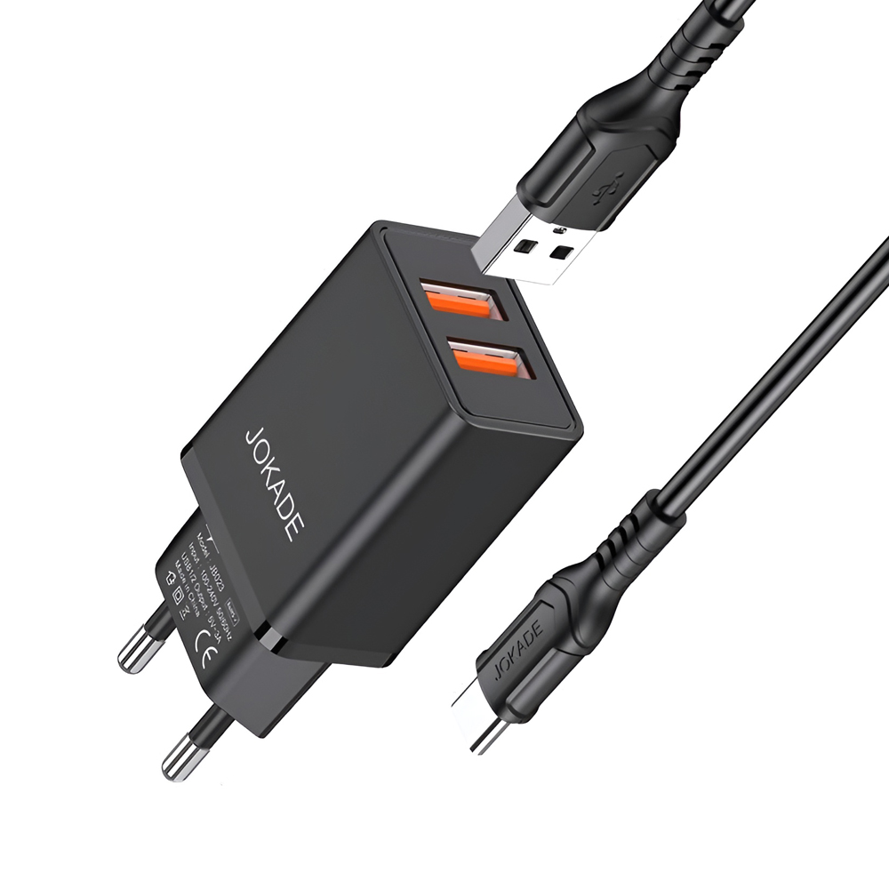 Jokade Wall Charger with Cable USB-A to Type-C Dual Port JB024 3A, Black - Image 2