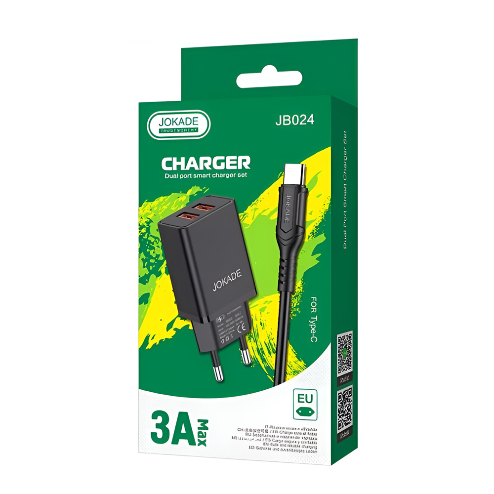 Jokade Wall Charger with Cable USB-A to Type-C Dual Port JB024 3A, Black - Image 3