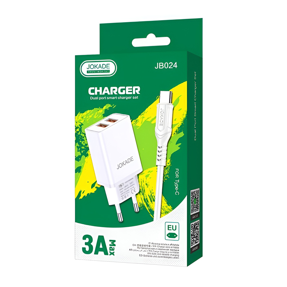 Jokade Wall Charger with Cable USB-A to Type-C Dual Port JB024 3A, White - Image 3
