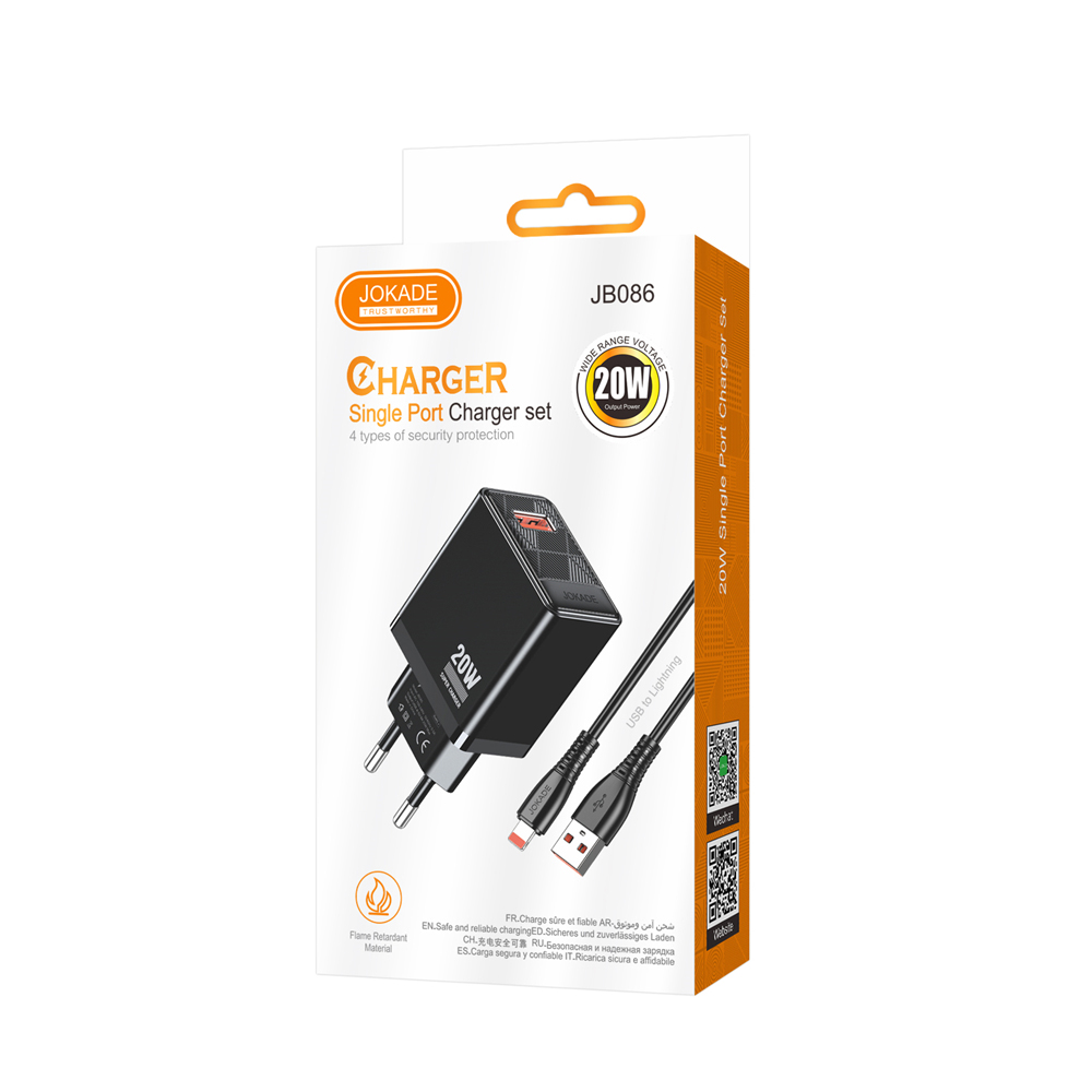 Jokade Wall Charger 1*USB-A 5A,20W with Cable Lightning JB086, Black - Image 2