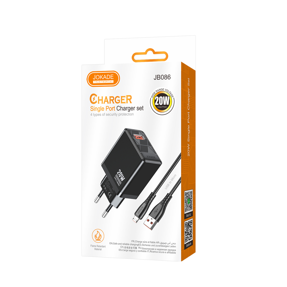 Jokade Wall Charger 1*USB-A 5A,20W with Cable Micro-USB JB086, Black - Image 2