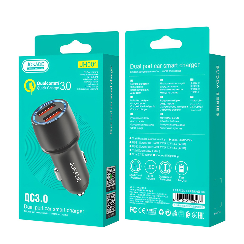 Jokade Car Charger 2*USB-A QC3.0 JH001, Black - Image 3