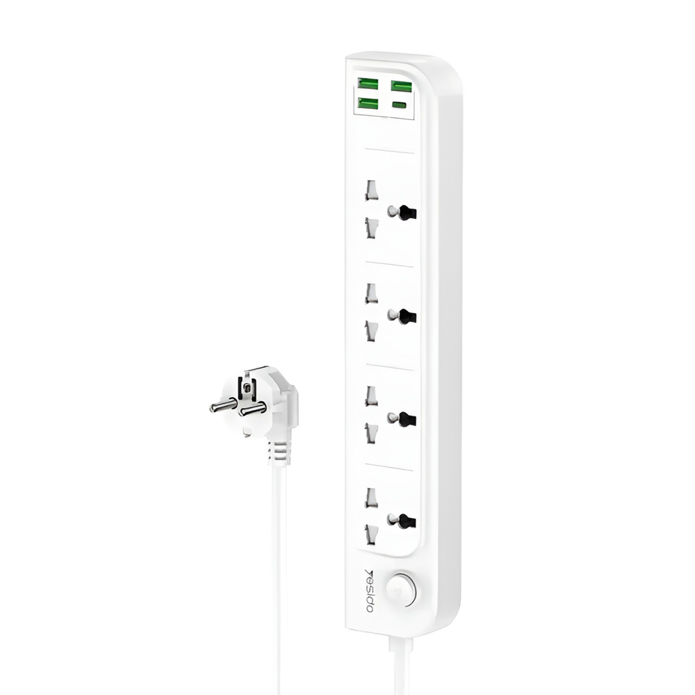 Yesido Power Socket 2M, 4 Ports, USB-C Max 15W,USB-A Max 12W, USB-C +USB-A = Max 15W MC20, White