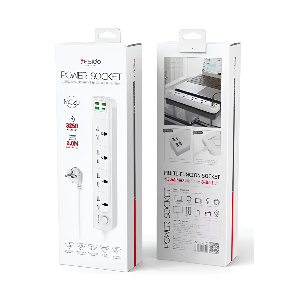 Yesido Power Socket 2M, 4 Ports, USB-C Max 15W,USB-A Max 12W, USB-C +USB-A = Max 15W MC20, White - Image 3