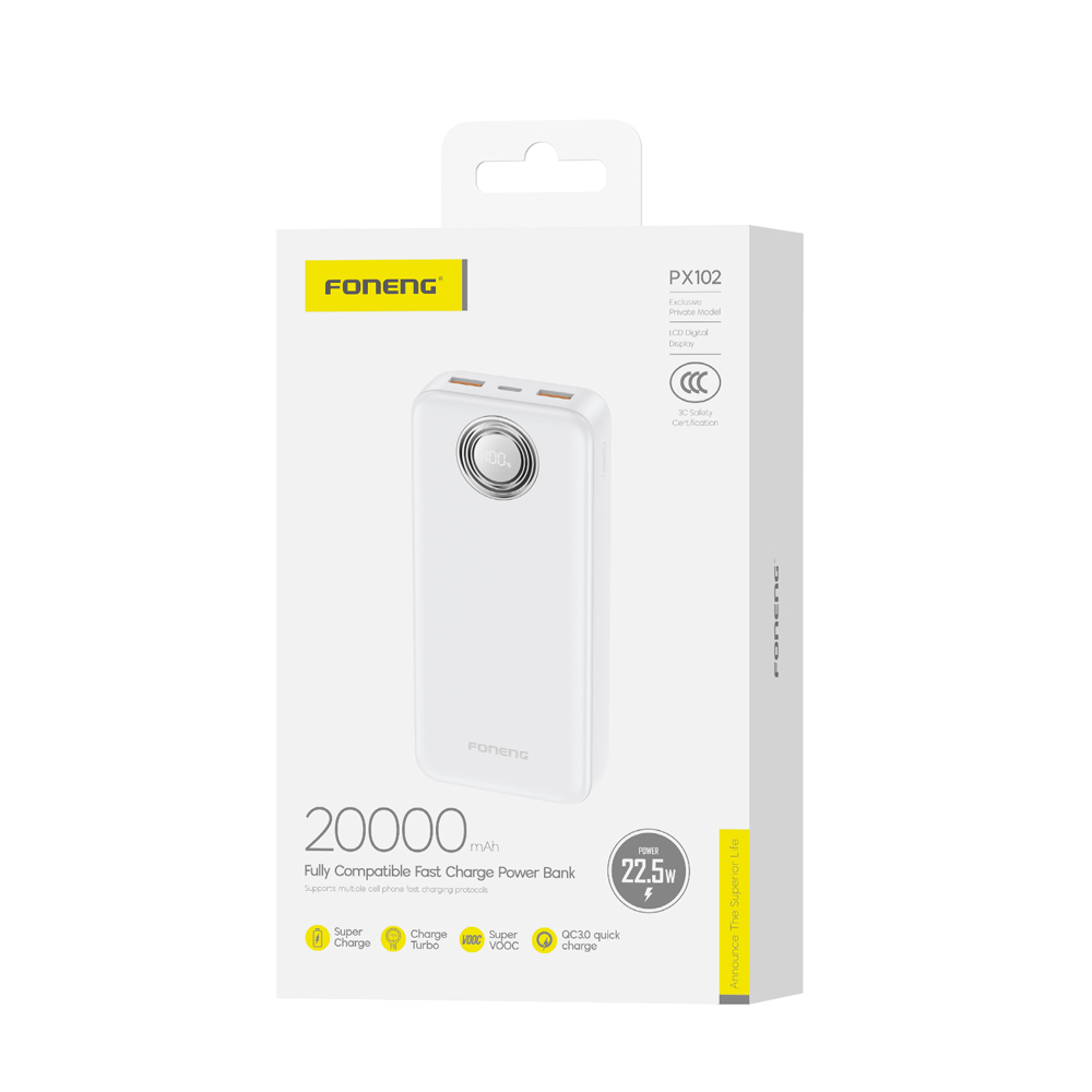 Foneng Power Bank with Digital Display 20000 mAh, 22.5W, White - Image 2
