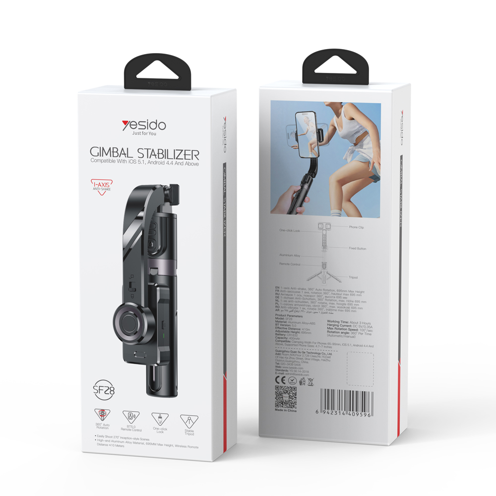 Yesido Bluetooth 5.0 Selfie Stick+ Gimbal 360°,Tripod Foldable Stabilizer 400mAh 70cm (SF28), Black - Image 3