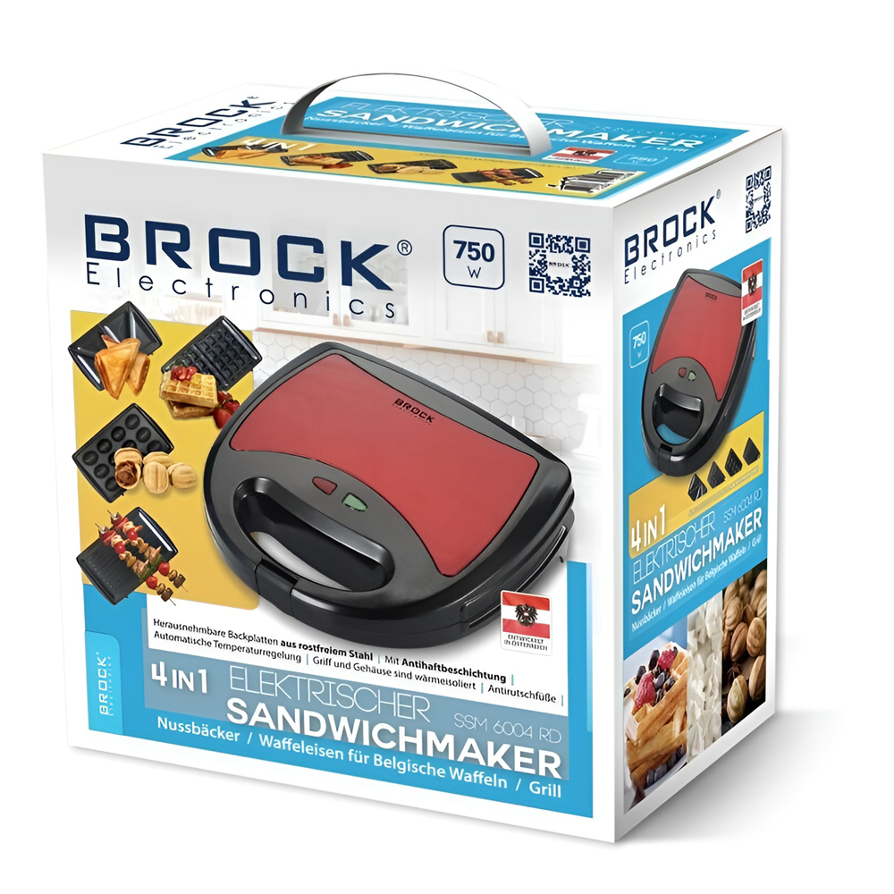 BROCK 4 in 1 Sandwich /Nutlet/ Waffle Maker and Grill SSM6004 RD 750W, Red - Image 3