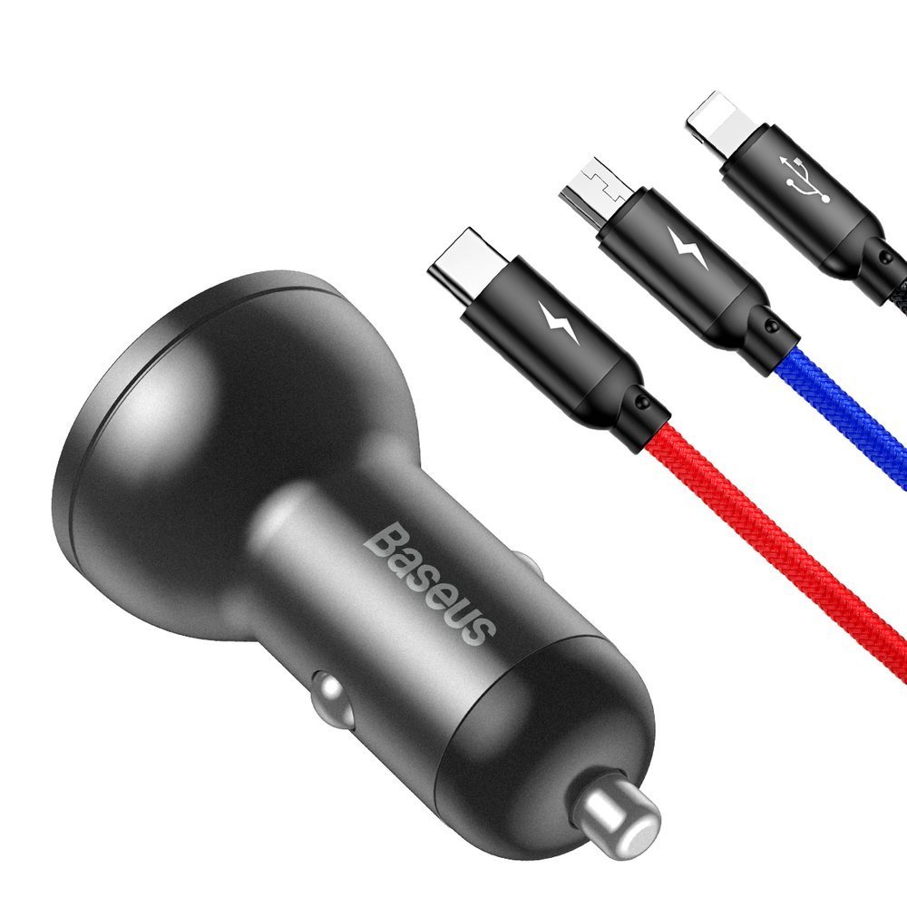 Baseus Car Charger 2xUSB Fast Charge 24W (with Cable 3 in 1), Black Suit Grey - Image 3
