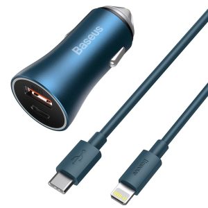 Baseus Car Charger USB/Type-C Dual Quick Charger 40W(With Baseus Cable Type-C to Lightning 1m), Blue