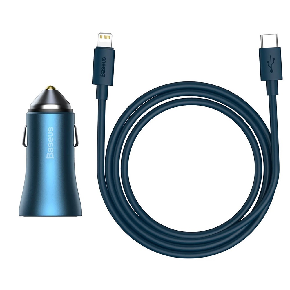 Baseus Car Charger USB/Type-C Dual Quick Charger 40W(With Baseus Cable Type-C to Lightning 1m), Blue - Image 2