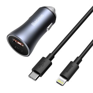 Baseus Car Charger USB/Type-C Dual Quick Charger 40W (With Baseus Cable Type-C to Lightning 1m), Gray