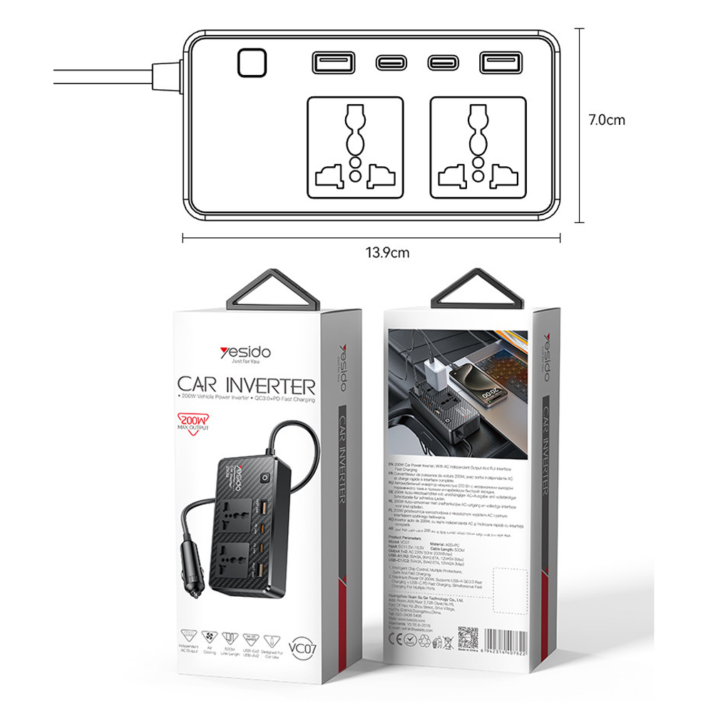 Yesido Car Inverter 12V 200W Max 1*AC220v 1*200W 2*USB-A 2*Type-C, Black - Image 2