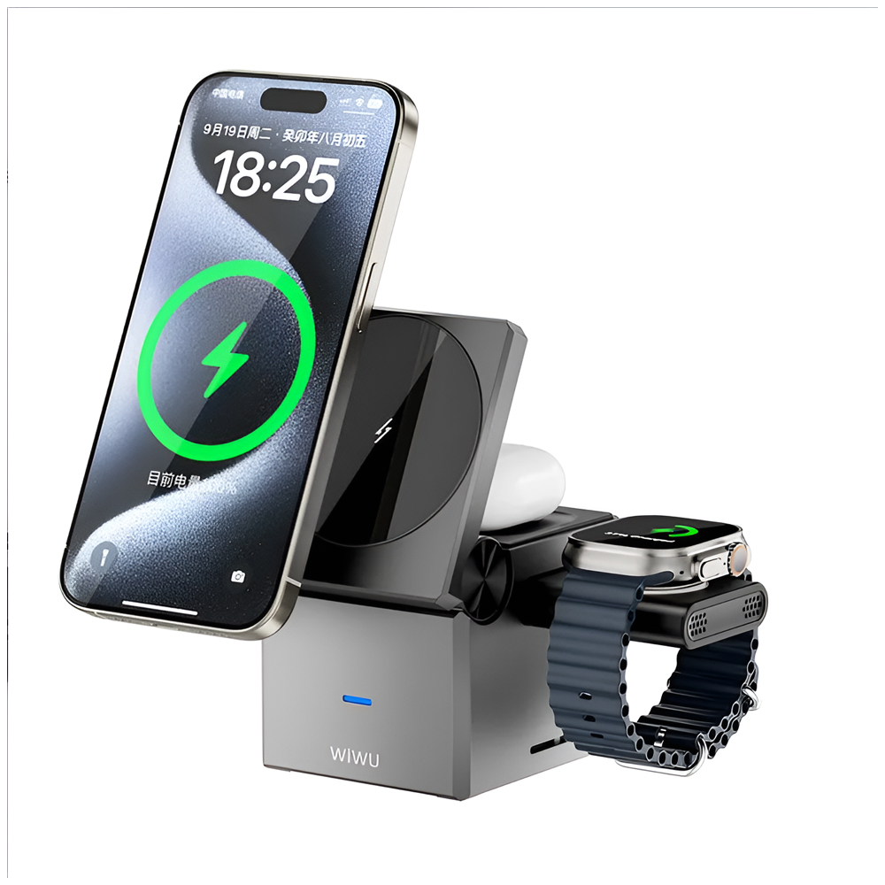 WIWU Wireless Charger 3 in 1 Small Aquare, Gray - Image 2