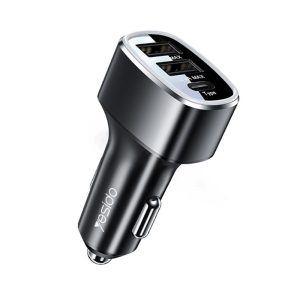 Yesido Car Charger Dual Port 2*USB-A+1*Type-C 49W 2.4A, Black