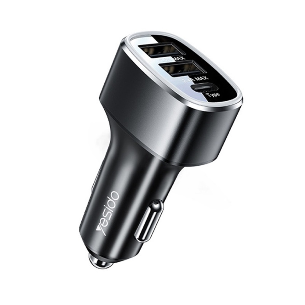 Yesido Car Charger Dual Port 2*USB-A+1*Type-C 49W 2.4A, Black