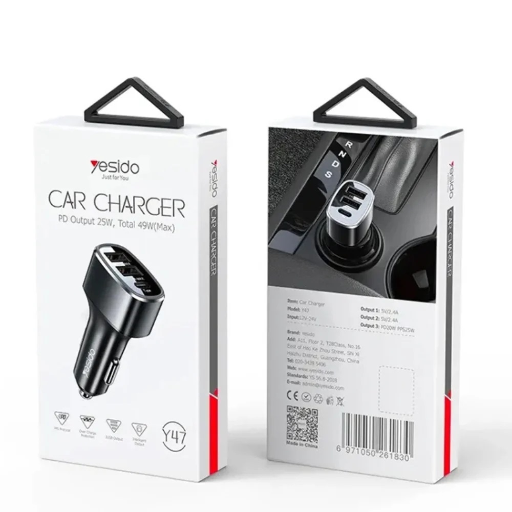 Yesido Car Charger Dual Port 2*USB-A+1*Type-C 49W 2.4A, Black - Image 2