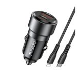 Yesido Car Charger Dual Port 1*USB-A+1*Type-C 30W with Cable Type-C to Lightning 60W, Black