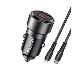 Yesido Car Charger Dual Port 1*USB-A+1*Type-C 30W with Cable Type-C to Lightning 60W, Black