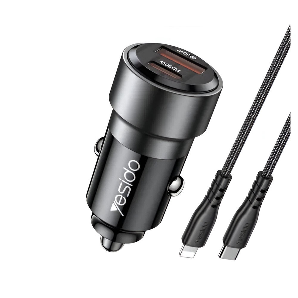 Yesido Car Charger Dual Port 1*USB-A+1*Type-C 30W with Cable Type-C to Lightning 60W, Black