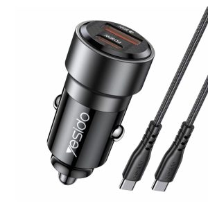 Yesido Car Charger Dual Port 1*USB-A+1*Type-C 30W with Cable Type-C to Type-C 60W, Black