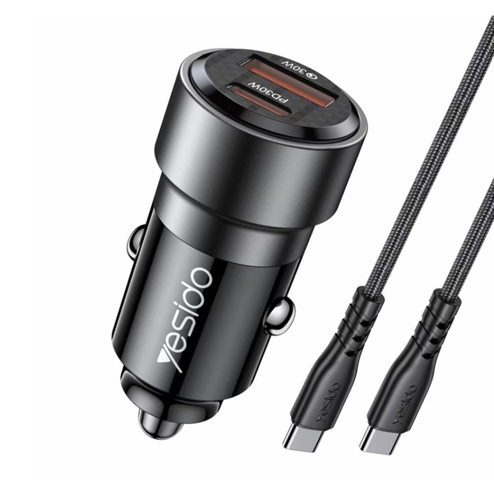 Yesido Car Charger Dual Port 1*USB-A+1*Type-C 30W with Cable Type-C to Type-C 60W, Black