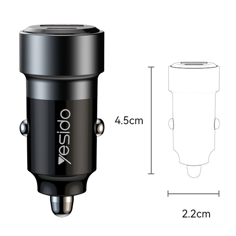 Yesido Car Charger Dual Port 1*USB-A+1*Type-C 30W with Cable Type-C to Type-C 60W, Black - Image 2