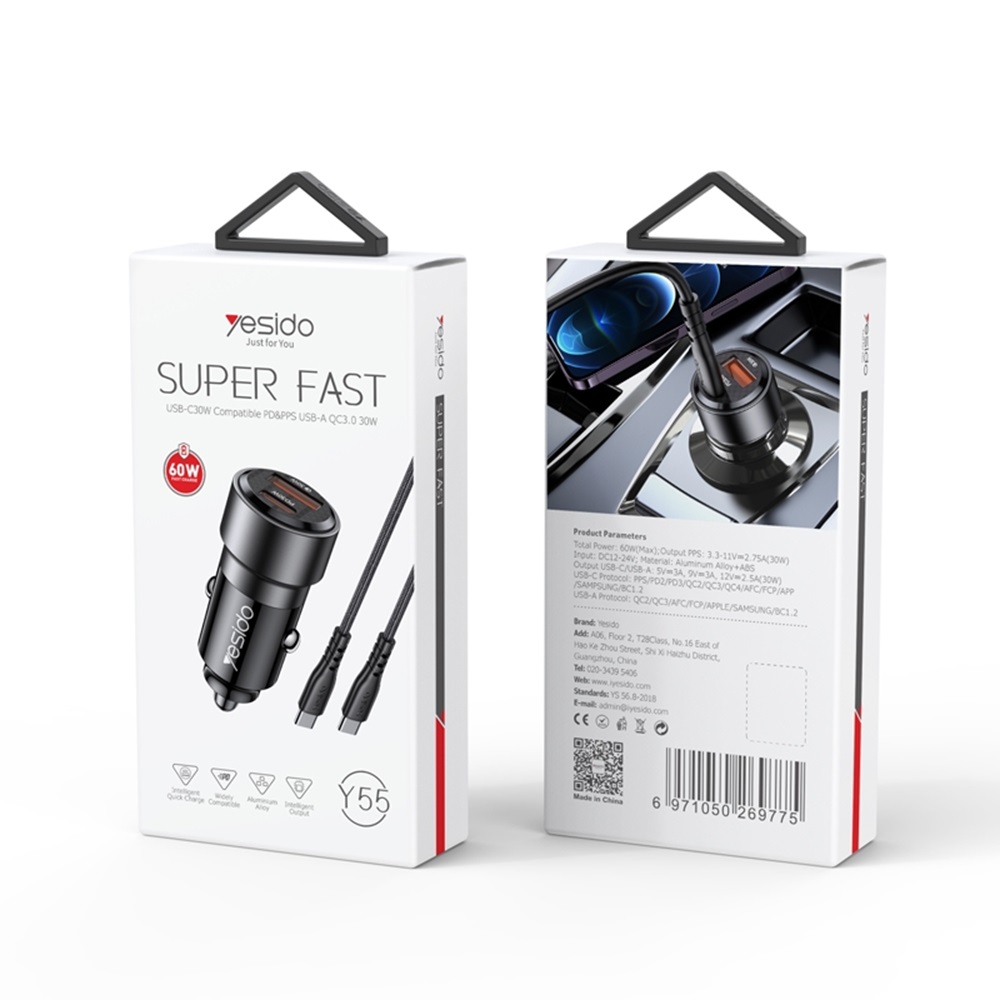 Yesido Car Charger Dual Port 1*USB-A+1*Type-C 30W with Cable Type-C to Type-C 60W, Black - Image 3