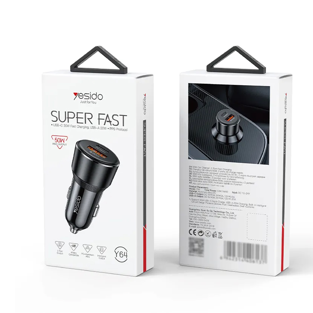 Yesido Car Charger Dual Port 1*USB-A+1*Type-C 50W Max 2.4A, Black - Image 3