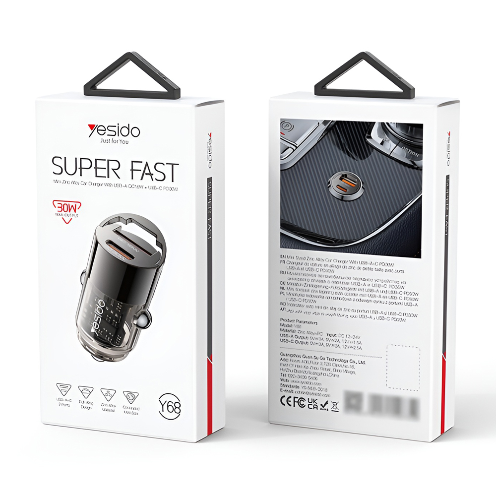Yesido Car Charger Dual Port 1*USB-A+1*Type-C 30W 2.4A, Black - Image 3