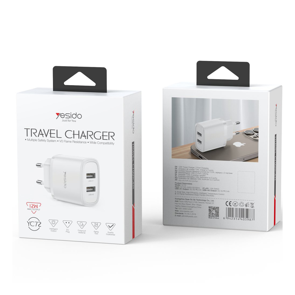 Yesido Wall Charger 2*USB-A 24W Max YC72, White - Image 2