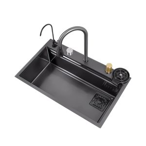 Kitchen Sink Stainless Steel Grade 304 Multifunctional Built-in Waterfall Sink 680*450mm, Black