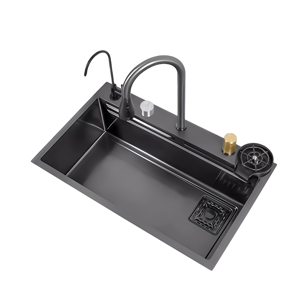 Kitchen Sink Stainless Steel Grade 304 Multifunctional Built-in Waterfall Sink 680*450mm, Black